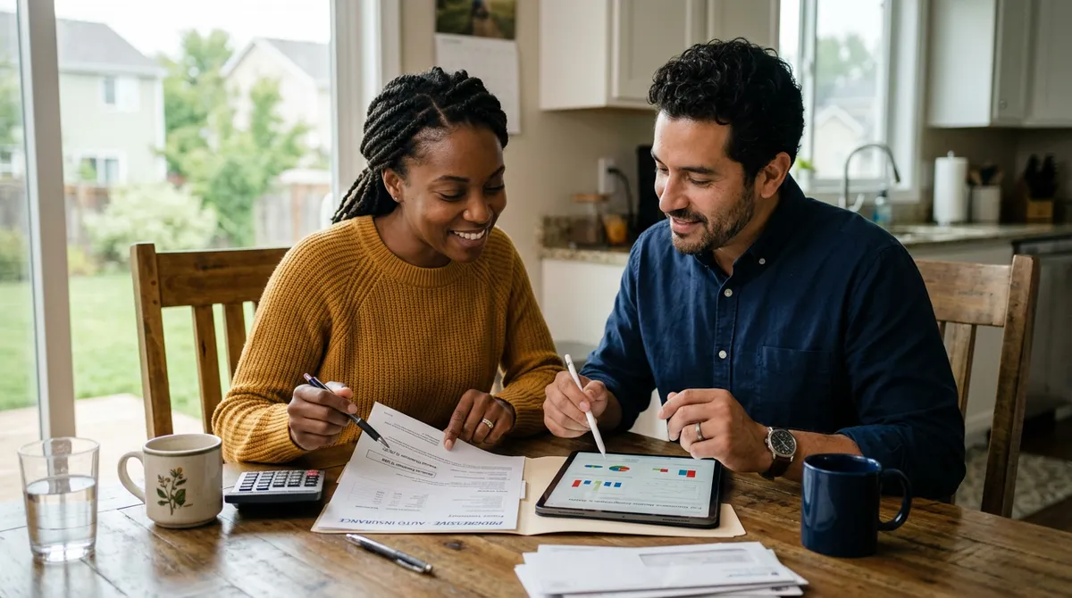 Para przegląda dokumenty ubezpieczeniowe przy stole